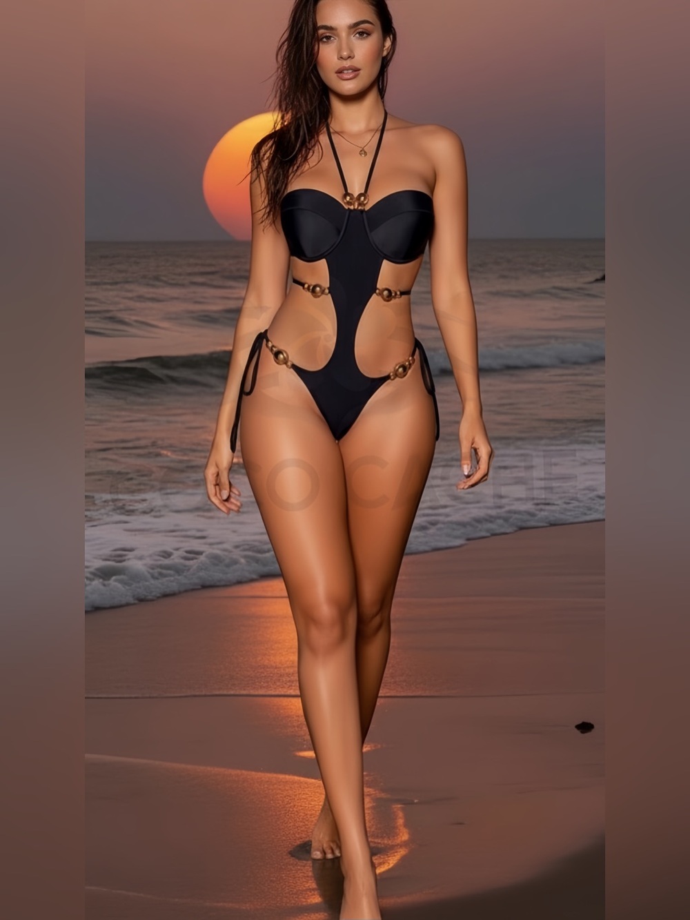 Hot Summer Night Cut-Out Embellished One Piece Halter Swimsuit Bikini - Picture 4 of 10